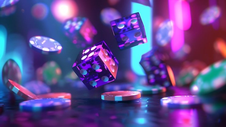 Kartu remi dan dadu terlihat di meja permainan casino dengan pencahayaan neon modern